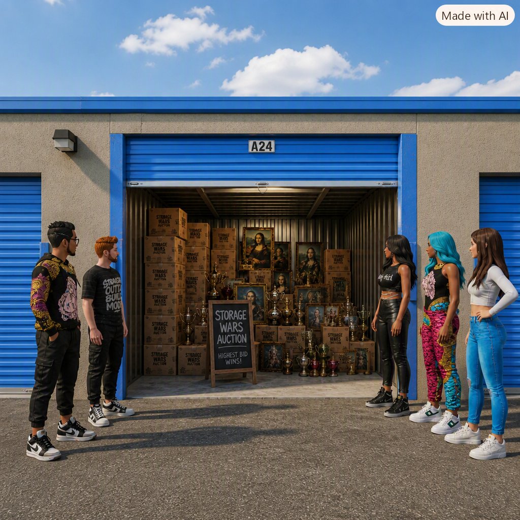 Outdoor storage auction at blue unit A24, with boxes, trophies, framed paintings, an auction sign, two men, and three women