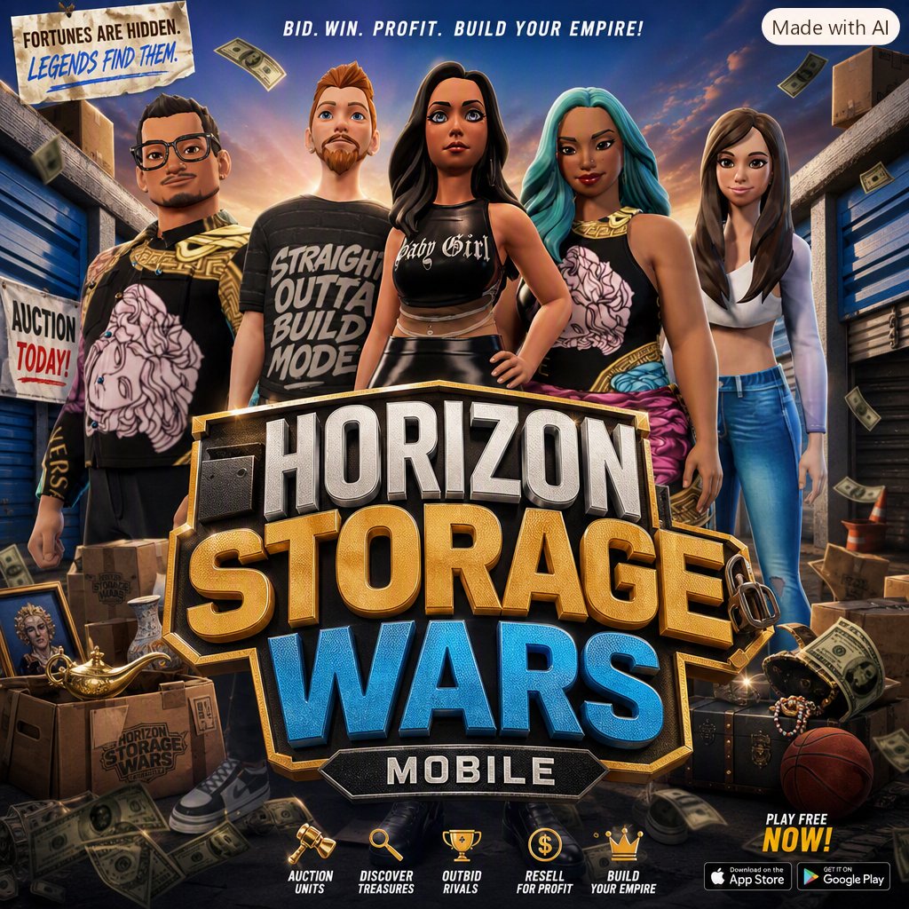 Horizon Storage Wars Mobile poster showing five bidders in front of colorful storage units
