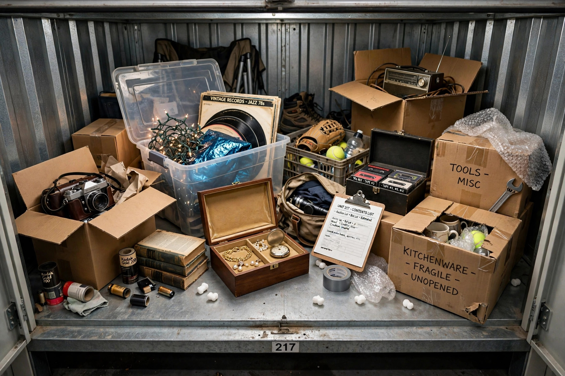 Open storage unit viewed from the auction doorway