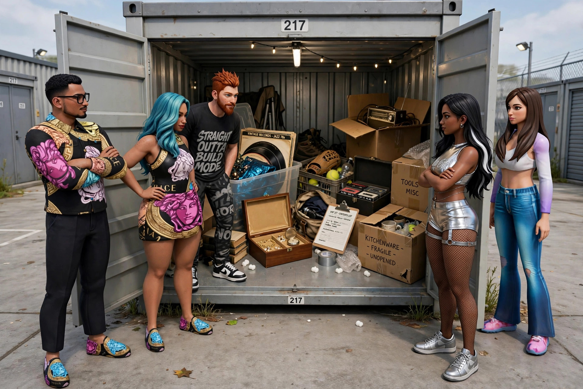 Generated 3D view of five bidders standing around an open storage unit
